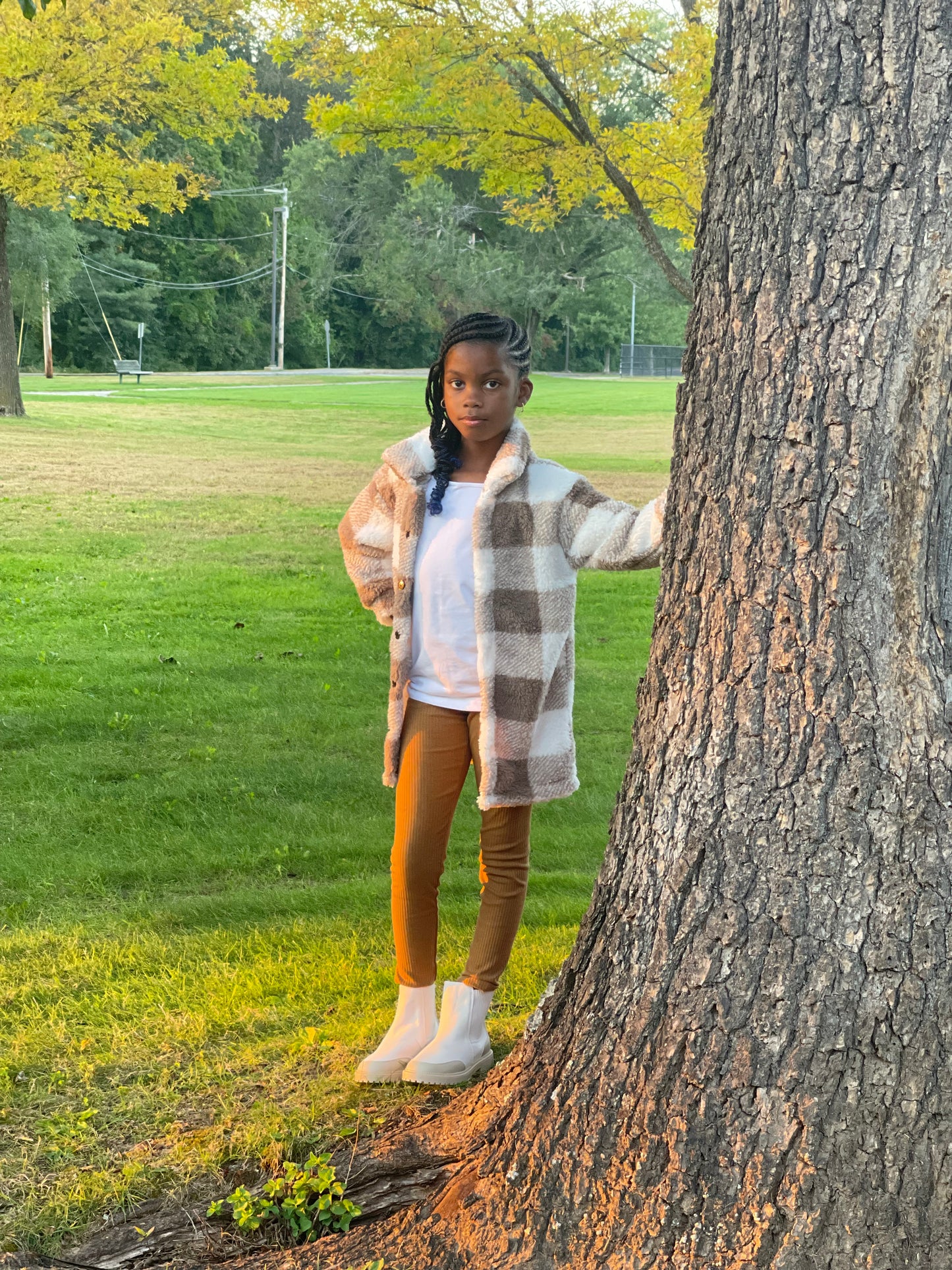 Brown and White Plaid Fuzzy Coat